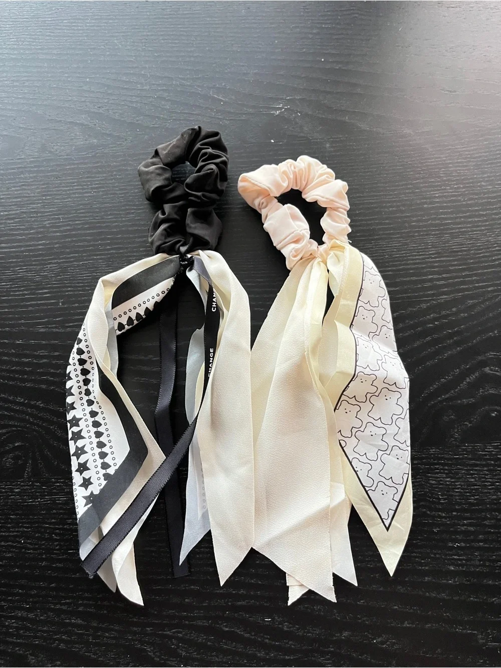 Black and Blush Scarf Scrunchie Hair Ties Set Bow Ribbon Black White Cream Lot